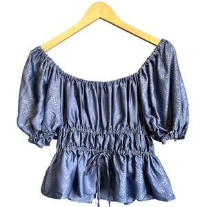 NSR Smocked Puff Sleeve Tie Front Off Shoulder Peplum Peasant Blouse